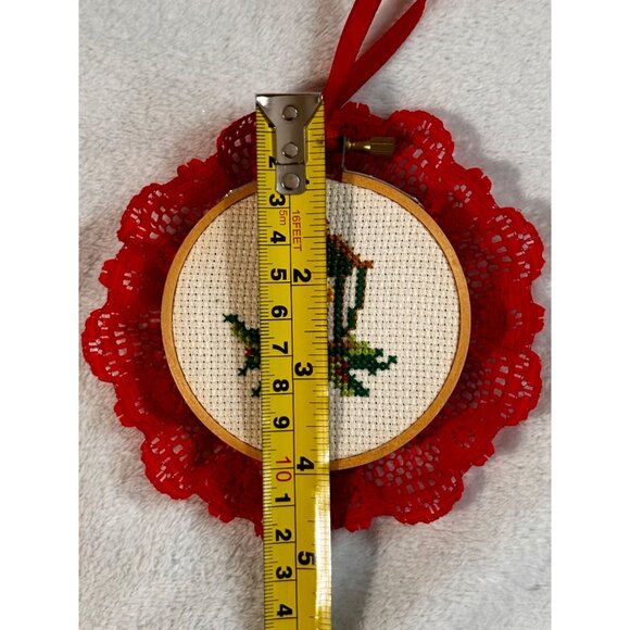 7 Christmas-Themed Cross Stitch Ornaments Lace Trim & Hanging Ribbons Handmade - Picture 16 of 16